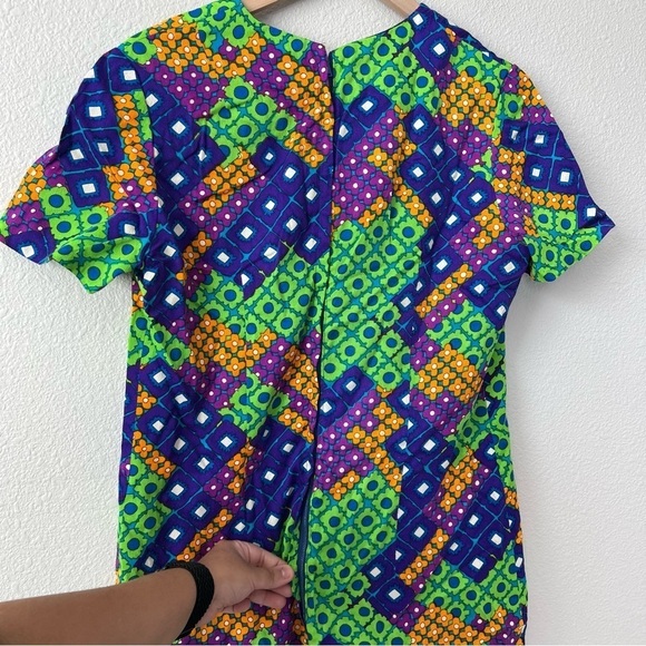 Vintage Retro 70's Bright Colorful Floral Geometric Midi Dress- Size Large - Picture 5 of 7